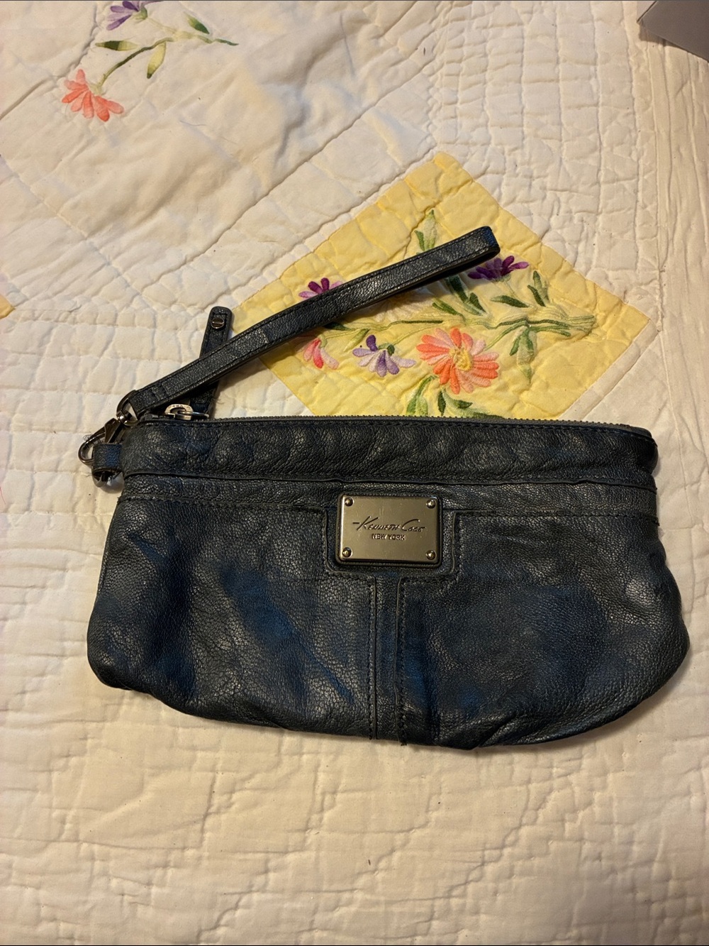 Kenneth Cole Bluish Gray- Leather Wristlet Clutch with Metal Logo Plate